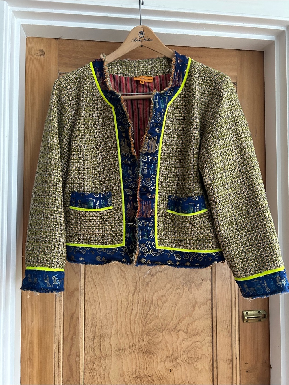 Textured Olive Green Tweed Blazer with Neon Trim